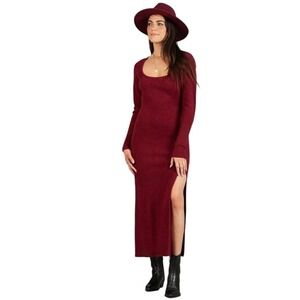 LUCCA Ivy Sweater Dress Maxi Long Sleeve High Slit Merlot Red Sexy Bodycon Boho‎